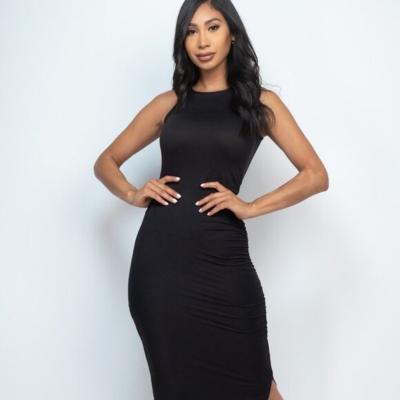 Black Sleeveless Ruched Side Split Maxi Dress - Picture 1 of 7